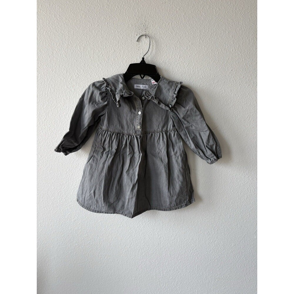 Zara Kids Girls 2-3 Years Gray Long Sleeve Ruffle Dress